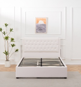Cama de Lujo Ligera con Cabecera de Botones, Base de Cama con Espacio de Almacenamiento Pequeño Extraíble en Color Beige, Cama de Cuero - Product Image 3