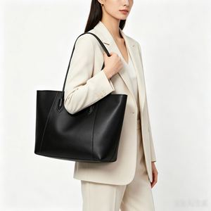 Sac fourre-tout minimaliste en cuir véritable noir, ouvert en dessus, grande capacité, sac à bandoulière quotidien pour femmes, toutes saisons - Product Image 4