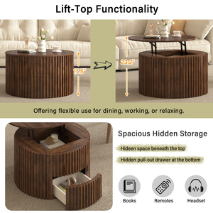 Tavolino da Caffè Rotondo VIBE HAUS con Piano Sollevabile, Moderno in Legno Scanalato con Vano Nascosto per Soggiorno - Product Image 6