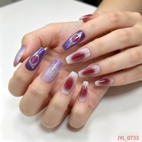 Lot de 24 faux ongles en amande à presser, dégradé violet-rouge, avec gemmes argentées, en ABS, personnalisables avec logo OEM, marque privée