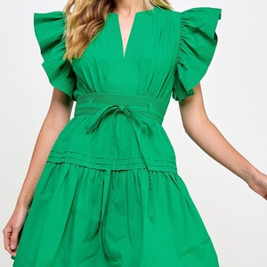 Vestido de Lino y Algodón con Volantes, Estilo Casual, Cuello en V, Corte en A, Manga Corta, Midi, Verano, Personalizable - Product Image 3