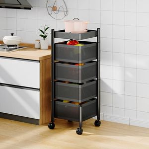 <b>Kitchen</b> Storage Rack No Assembly, Metal Storage <b>Tower</b> Shelves Organizer on Rolling Wheels Rotating Storage Cart with Basket - Product Image 5