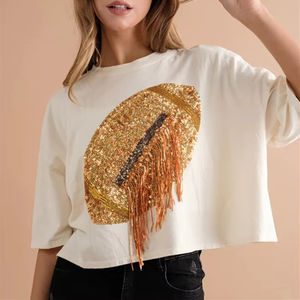 Fuzzy Game Day Fútbol <span class=keywords><strong>Lentejuelas</strong></span> Bordado <span class=keywords><strong>Camiseta</strong></span> corta Top para mujer - Product Image 5