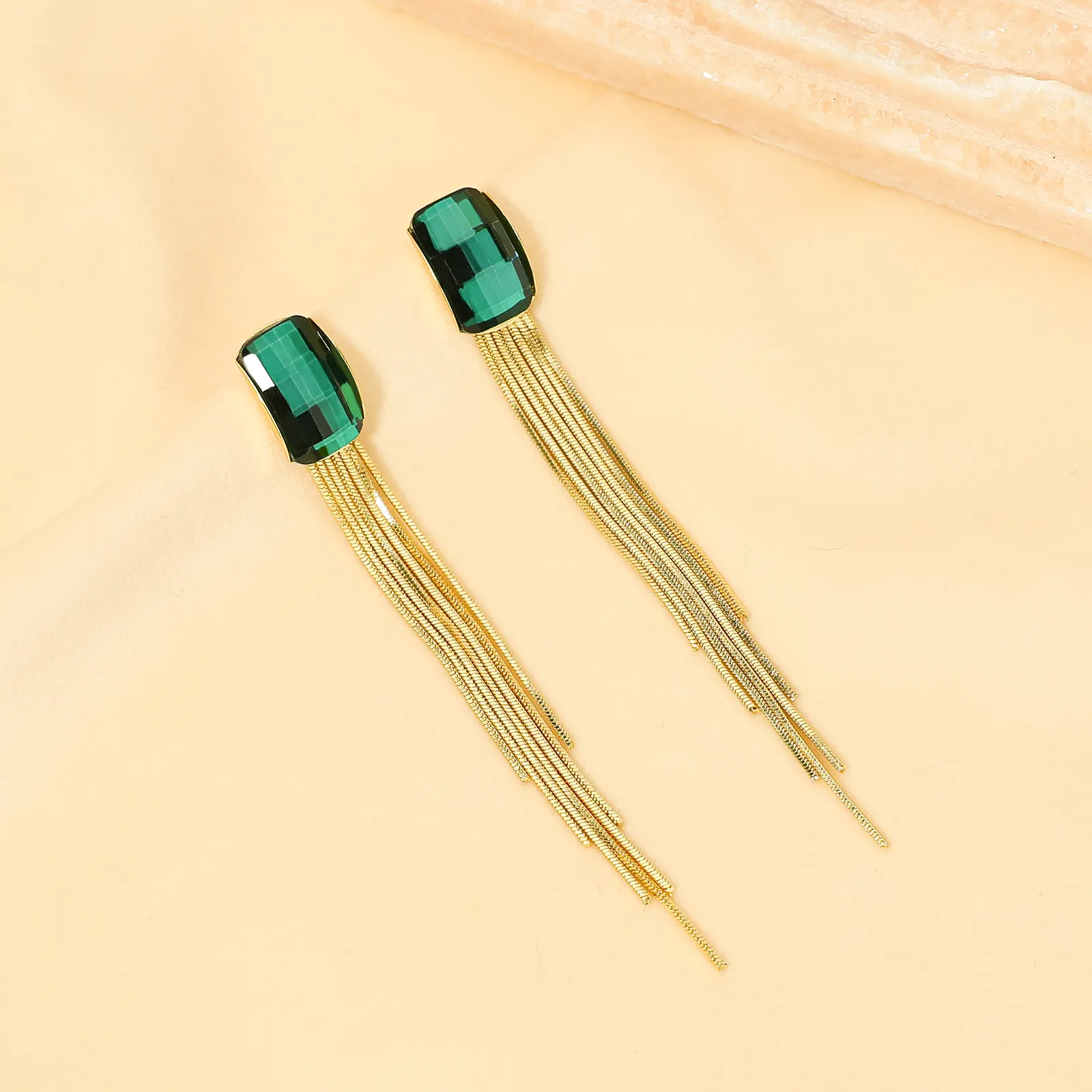 New Arrival Fashion Gold Plated Tassel Earring Statement Geometric Square Green Crystal Dangle Earrings