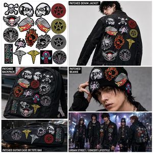 Patchs brodés thermocollants ou à coudre, style Rock Goth, avec motifs Crâne, Pentagramme, Caducée, Flamboyants, Rock & Roll, Science, Occulte, en fer. - Product Image 2