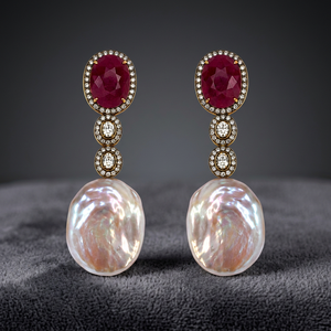 Luxury Baroque Mother <b>Pearl</b> Drop <b>Earrings</b> Natural Red Sapphire Polki Diamond CZ Long Dangle Minimalist 925 <b>Silver</b> Wedding Gift - Product Image 4