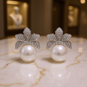 E2990 White Gold Stud <b>Earrings</b> With Seawater <b>Pearl</b> And Diamond Flower Design For Women Wedding Classic Style - Product Image 2