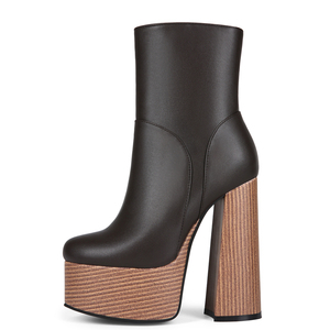 Bottines à talons épais et plateforme pour femme, grande taille 47, couleur bois, coupe large, bout rond, bottines courtes - Product Image 3