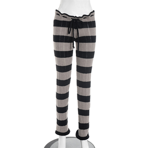 Crochet Woolen Pants Woman Stripe Patchwork <strong>Shirring</strong> Low <strong>Waist</strong> Skinny Stretch Casual <strong>Trousers</strong> - Product Image 4