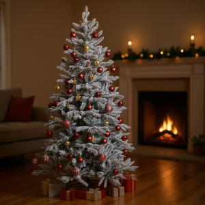 ต้นคริสต์มาสประดิษฐ์ขนาด 6 ฟุต พร้อมเครื่องประดับสีแดงและสีทองสำหรับตกแต่งภายในในช่วงเทศกาล - Product Image 2