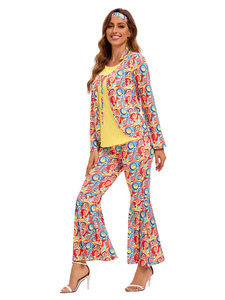 Traje Hippie Floral Vintage de los 70, Conjunto de 2 Piezas con Peluca, Chaleco y Pantalones de Campana para Fiesta Disco Retro - Product Image 5