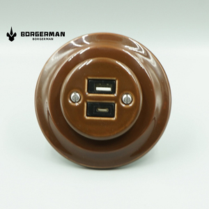 Enchufe de pared montado al ras de cerámica marrón Salida de <span class=keywords><strong>porcelana</strong></span> retro con puertos USB y cargador de energía de Estilo <span class=keywords><strong>Vintage</strong></span> tipo C - Product Image 1