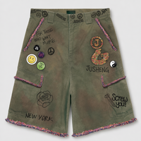 Short cargo en denim épais vert vintage, orné de graffitis personnalisés, coupe ample, coupe-vent, respirant, 100% coton, style streetwear