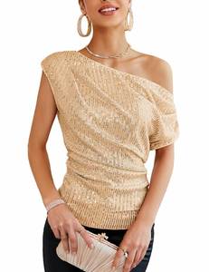 2025 primavera ed estate nuove da donna a manica corta a spalla singola con paillettes a manica corta elegante <span class=keywords><strong>camicetta</strong></span> da donna sottile - Product Image 2
