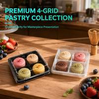 Boîte d'emballage jetable pour pâtisserie en plastique PET transparent à 4 compartiments, base noire et blanche, pour muffins, macarons et cupcakes