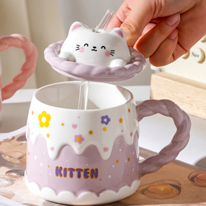 Tasse à café en céramique motif animal de dessin animé, vente en gros d'usine, avec couvercle et cuillère, pour bureau, maison, cadeau d'anniversaire - Product Image 2