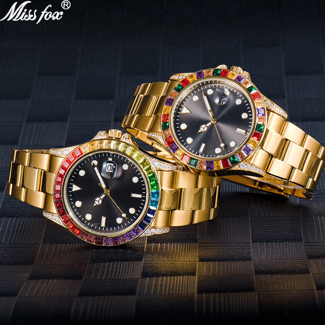 Blues Wholesale Hip Hop Diamond Stone Dial Watch Stainless Steel Japan Movements Quartz Watch Gold rainbow Male Stones Watches