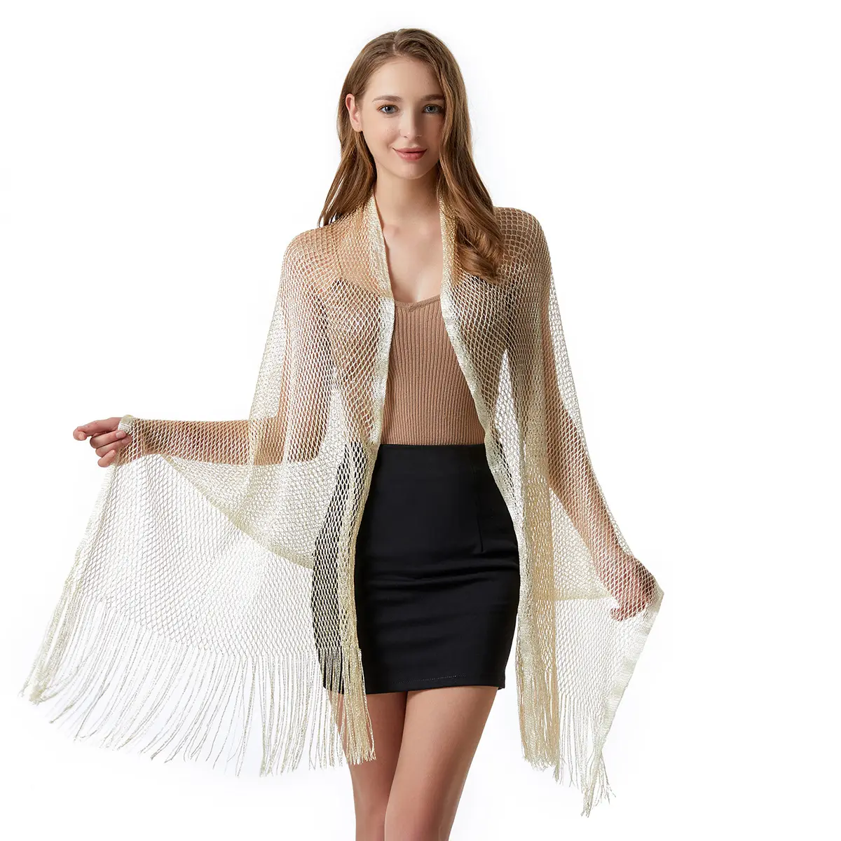 Hollow Tassel Shiny Shawl Wrap for Evening Dresses Women Shawl Scarves