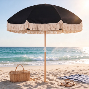 Sombrilla de playa/patio pequeña para exteriores con marco de hierro manual de 1.8M/2M, cabana amarilla con flecos, recta, de pongee 190T, para todas las estaciones, 8k - Product Image 1