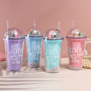 Bicchiere in Plastica Personalizzato con Coperchio e Cannuccia, Copertura Arcobaleno, Bicchieri a Doppia Parete per Bevande Fredde - Product Image 1