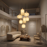 Lampu Gantung Linen Wabi Sabi 7-Lampu, Lampu Plafon Kain Bergaya Japandi untuk Tangga, Foyer, Ruang Tamu