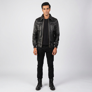 <b>Men's</b> Vintage Solid Coated Breathable Genuine Leather Varsity <b>Jacket</b> - Product Image 1