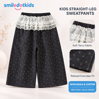 Pantalons larges pour enfants Smiledotkids, gris foncé, imprimé floral, taille à volants en dentelle, OEM ODM, vêtements pour tout-petits en gros