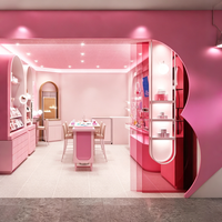 Kiosque pop-up rose pastel pour la beauté, stand de cosmétiques avec éclairage LED complet, présentoirs arqués, comptoirs modulaires, design imperméable