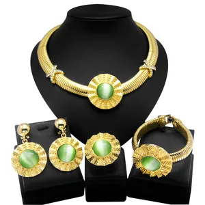 Wholesale wedding accessories Dubai 24 carat gold price Diamond jewellery gold color green stone necklace statement earrings