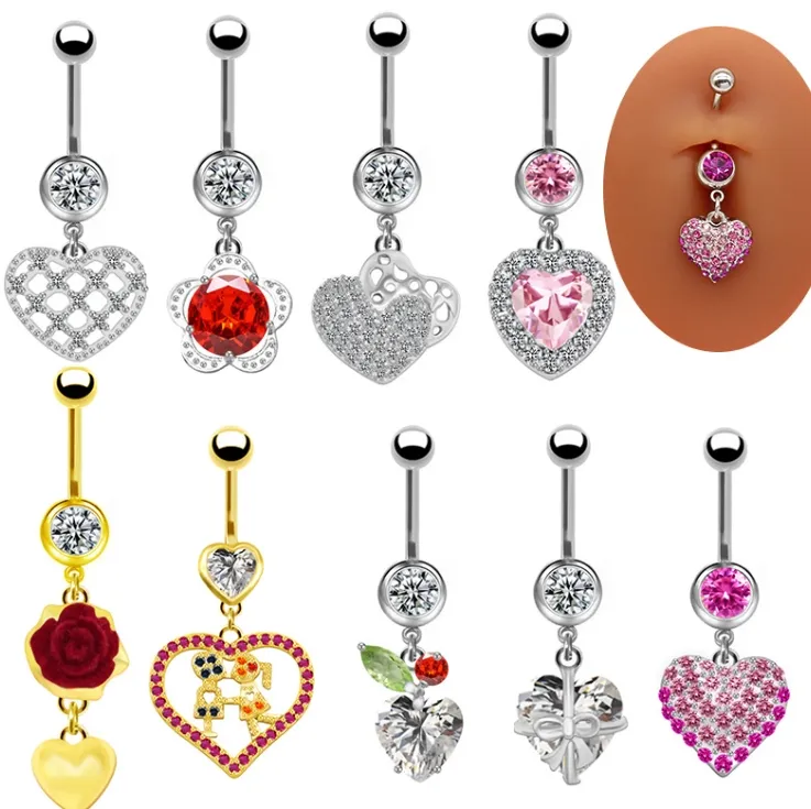 Stainless steel dangling belly rings surgical steel heart belly button ring waterproof piercing body jewelry