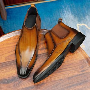 Bottes montantes en cuir personnalisées pour hommes, été, automne, hiver, haute qualité, pour affaires et banquets, motif sculpté, imperméables, rehaussantes - Product Image 4