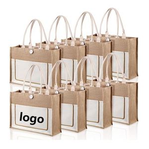 Sac fourre-tout en toile de jute réutilisable, grand format, multi-poches, avec poignées, pour courses, plage, pique-nique, cadeaux - Product Image 1