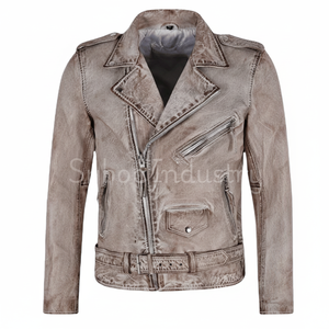 Blouson de motard vintage en cuir vieilli pour homme, col rabattu, fermeture éclair, coupe ajustée, style moto, pour l'automne - Product Image 1