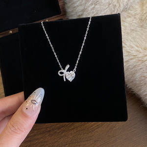 S925 Pure <b>Silver</b> Bow Love Pendant <b>Necklace</b> for Women Sweet Niche Design High-End Zircon Light Luxury Collarbone <b>Chain</b> Accessory - Product Image 2