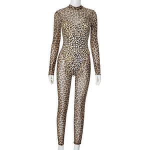 Cutenova D24JP522 Women's Sexy High Waist Bandage Rompers <b>Leopard</b> Print Mesh Knitted <b>Tights</b> Bodysuits Ladies Bodycon Jumpsuits - Product Image 2