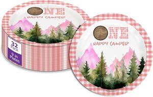 Assiettes en papier roses pour camping, directement de l'usine, fournitures de fête d'anniversaire One Happy Camper pour enfants, style 7 pouces pour bébés - Product Image 4