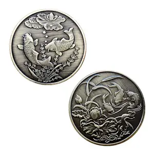 Personalizado koi Fish bronce antiguo plateado moneda conmemorativa metal insignia regalo