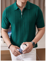 Vente en gros de T-shirts personnalisés pour hommes, coupe ajustée, tricot texturé vertical, col en V, manches courtes, respirant, décontracté, uni, pour l'été