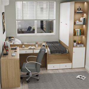 <b>Small</b> Bedroom Furniture Sets Compact Wooden Storage Bed With L-Shaped Study <b>Desk</b> & Tall Wardrobe for Studio Apartments Furniture - Product Image 1
