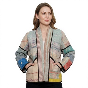Women Kantha <b>Patchwork</b> <b>Jacket</b> Scarf Collar Full Sleeve Color Blocked Autumn Regular Length Knitted Contrast Trim Reversible - Product Image 1