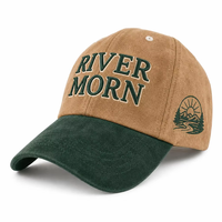 Casquette vert forêt à visière marron avec badge soleil montagne et lettrage brodé en relief, style vintage, pour extérieur et urbain, vente en gros