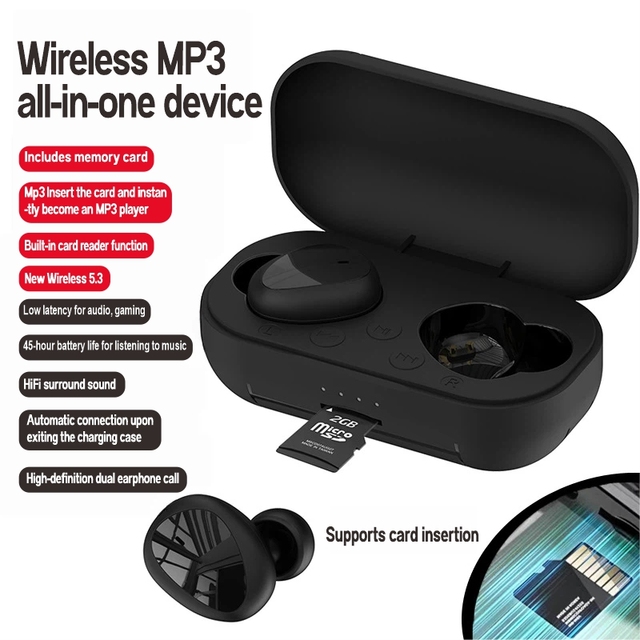 Wireless Earbuds MP3 Player Two Into One Device Listening Music with Inserted SD Card in the Charging case TWS Earphones
