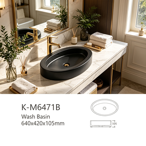 Lavabo ovale en céramique noir mat pour salles de bain d'hôtels commerciaux, position de robinet intégrée - Product Image 4