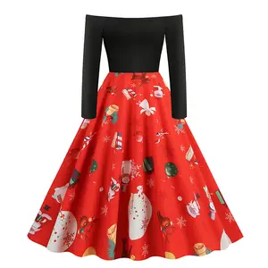 Winter Printed Christmas Dresses For Women Clothes Ladies Sexy Off Shoulder Retro Rockabilly Dress