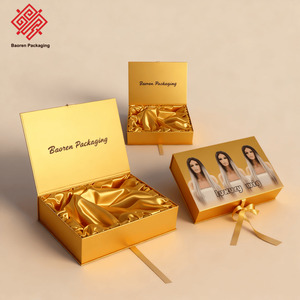 Boîte à cheveux en carton de couleur or de taille de voyage recyclée Baoren avec doublure en éponge Boîtes d'emballage de perruque uniques pliables avec satin de soie - Product Image 4