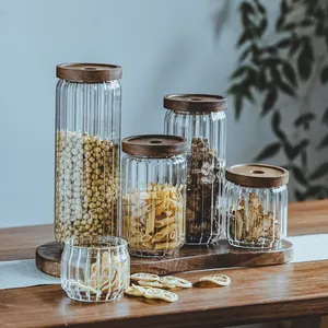 Organisateur d'aliments pour la cuisine Bouteilles de stockage en verre à haute teneur en borosilicate Bocal en verre à fond rond avec couvercle en bois