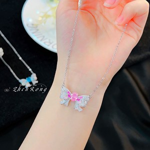 Ethereal Bow Necklace For Women Pink Diamond Blue Sapphire Clavicle Chain Party Fashion Pendant Zinc Alloy - Product Image 3