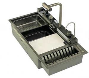 Évier de <span class=keywords><strong>cuisine</strong></span> intelligent à double bac en acier inoxydable 304 noir nano, avec station de lavage de tasses intégrée, pour maison moderne, hôtel, vente en gros, OEM - Product Image 1