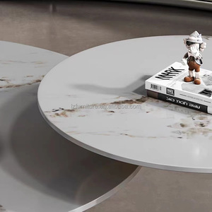Italian Design Luxury <b>Nesting</b> Coffee <b>Tables</b> Grey Marble Stone Pattern Top Black Metal Pedestal Base Center <b>Table</b> Round End <b>Table</b> - Product Image 5