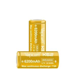 Vapcell K62 26650 3.7v 6200mAh 6500mah 6400mah लिथियम आयन बैटरी टॉर्च पावर टूल्स के लिए उच्च क्षमता वाली बैटरी